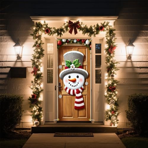 Snowman Door Hanger 35x71in Holly Top Hat Pine Arch Accent
