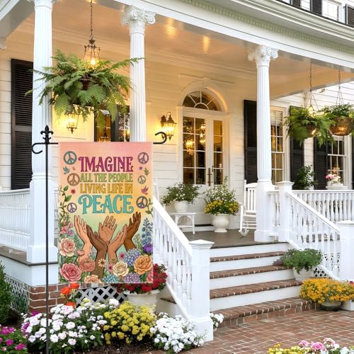 Imagine All The People Living Life In Peace Garden Flag, 12 x 18 Inch Double Sided Floral Unity Decor Yard Flag, Inspirational Kindness Equality Outdoor Banner Gifts for Friend Neighbor Family