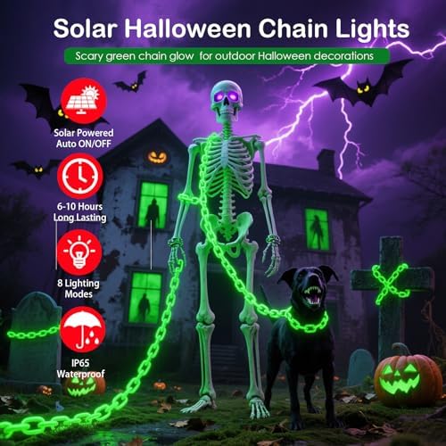 Solar Halloween Decorations Outdoor, 10FT Green Chain String Lights with 8 Modes, Waterproof Halloween Lights Outdoor for Haunted House Party Cosplay Props Skeleton Dog Yard Fence