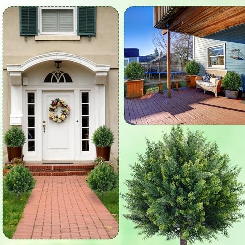 27.6'' Artificial Cedar Topiary Trees with Spikes, Set of 2 Fake Pine Shrubs Bushes Plants UV Resistant Evergreen Faux Cypress Tree for Planter Front Porch Outdoor Spring Decor Pot Fillers