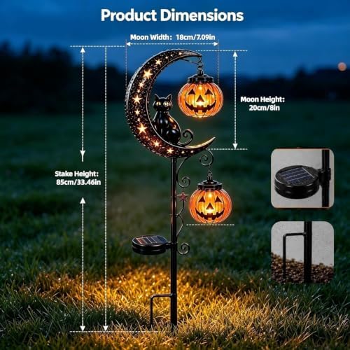 Solar Halloween Black Cat & Pumpkin Moon Garden Stake Light Halloween Decor