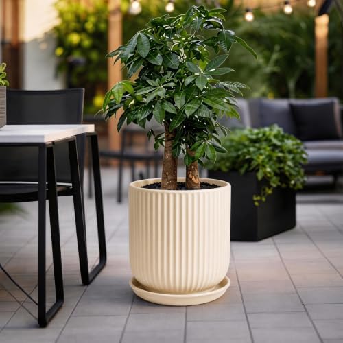 Deep Dream 12 Inch Ceramic Pots for Plants, Heavy Plant Pot for Indoor Outdoor Plants, Large Plant Pot with Drainage Hole and Saucer, Modern Tall Flower Pot, Gifts for Plant Lovers, Cream