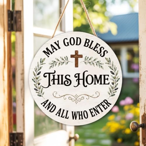 May God Bless This Home Wooden Hanging Sign for House Front Door, Christian Religion Welcome Sign for Porch Garden Patio