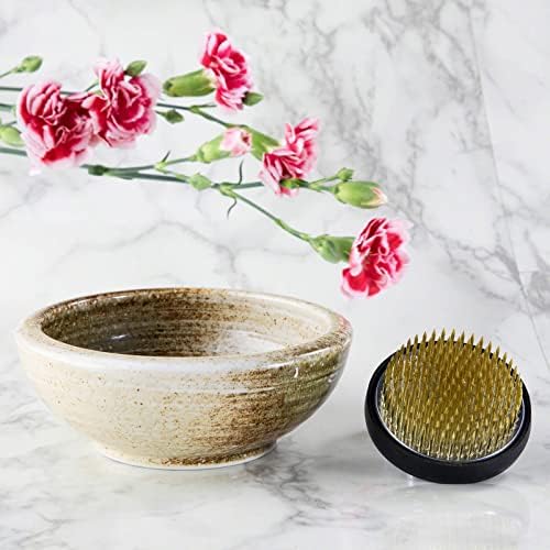 Wazakura Minoyaki Series Japanese Ikebana Essential Tool Kit - Small Round Ceramic Flower Vase and Kenzan Pin Frog for Floral Arranging (Sand Beige Vase + 2in (61mm) Brass Kenzan)