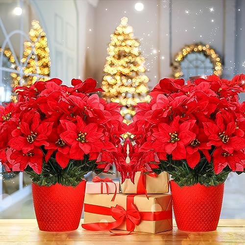 meekoo 48 Pcs Xmas Artificial Poinsettia Flowers 7 Heads W Stem, Red