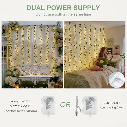 JMEXSUSS 200 LED Ivy Vine Lights, Fairy Curtain Lights USB & Battery Operated with Remote, 6.5x6.5ft Vines with Fairy String Lights for Bedroom, Dorm, Classroom, Wedding, Indoor, Outdoor Decor