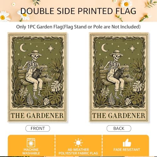 The Gardener Garden Flags for Outside, Gothic Garden Flag for Plant Lover, Spooky Yard Banner for Gardener, Funny Skeleton Planting Lawn Yard Sign Decor, Halloween Gifts for Family Friends