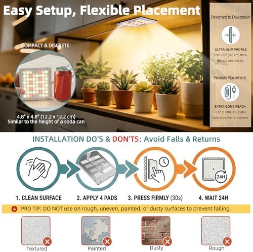 Under Shelf Grow Light, Compact Flat Corded Stick-On Plant Light with Timer