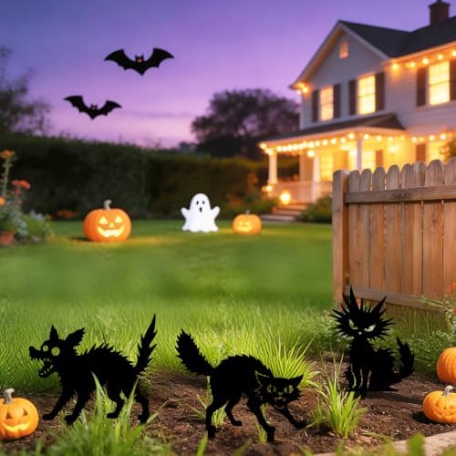 GLOBLELAND 3 Pcs Halloween Cats Dog Garden Stakes Black Cats Dog Silhouette Metal Decorative Garden Stakes Metal Yard Signs Halloween Animal Decorations for Holiday Lawn Patio Yard Decor