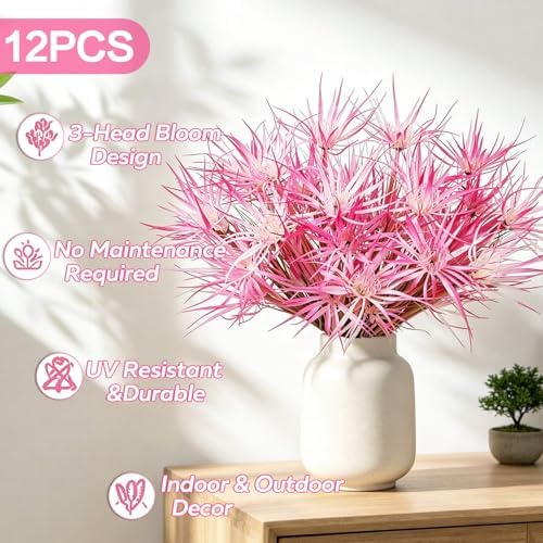 12Pcs Artificial Grass Plant, 16.5" Fake Tall Grass Pink White Flower