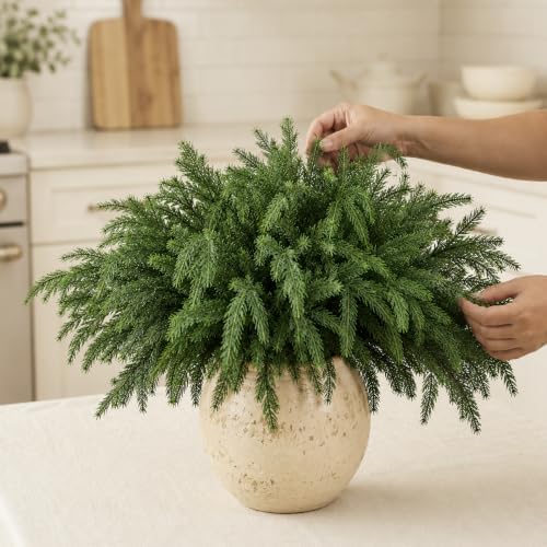 12 Bundles Artificial Norfolk Pine Stems, Real Touch Christmas Greenery