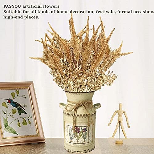 PASYOU Artificial Plants for Christmas Decor, Plastic Grass Fake Shrubs Simulation Tail Leaves Indoor Outdoor Home Garden Planter Filler Party Hotel Verandah Wedding Faux DIY Decoration - Gold 4 Pack
