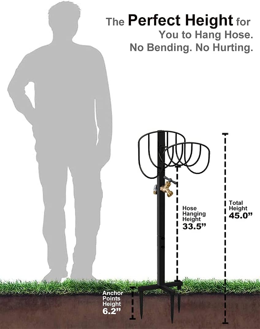 Freestanding Garden Hose Holder Stake with Brass Faucet, Heavy Duty Metal Water Pipe Storage Stand Rack for Outdoor