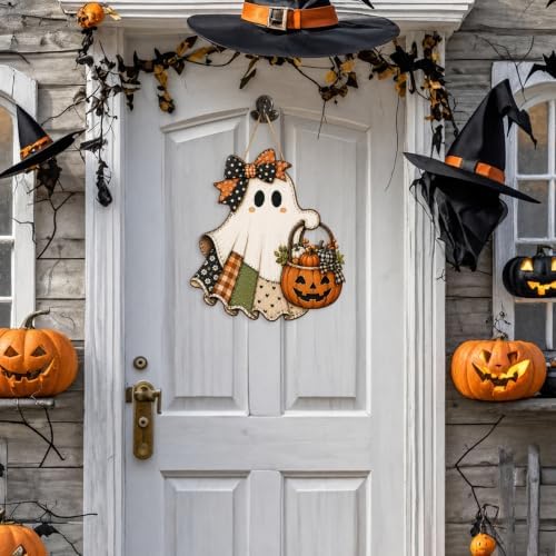 Cute Bow Ghost Door Sign Wooden Halloween Door Hanger Pumpkin Porch Decor