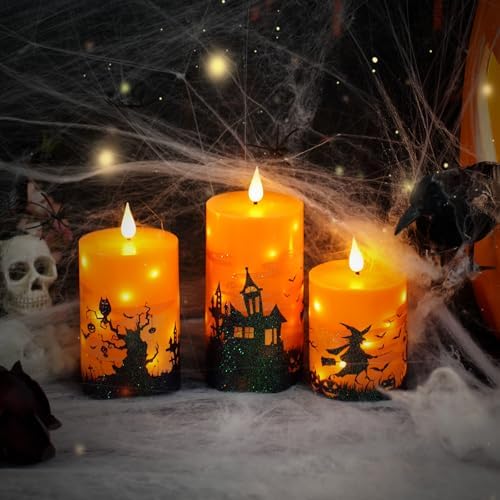 Sasigeiaa Halloween Flameless Candles with Remote - Orange LED Candles & String Lights, Battery Operated Set of 3 (D3 x H4/5"/6") for Window Decor, Halloween Decoration,Living Room Decoration