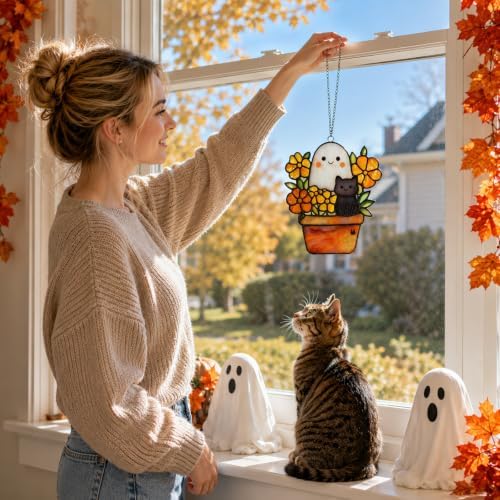 Cute Black Cat Ghost Fall Halloween Suncatcher, Black Cat & Ghost in Flower Pot Decorative Hanging Ornaments, Stained Glass Style Acrylic Halloween Ornaments, Autumn Home Window Hanging Decor