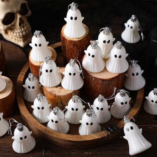 Lunmon 24 Pcs Classic Ghost Halloween Ornaments 2.2" Plastic with Rope