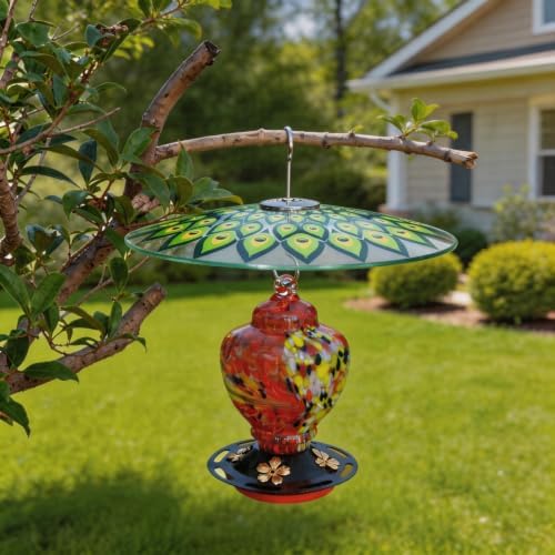 13" Large Glass Rain Cover for Bird Feeder, Peacock Weather Guard Dome