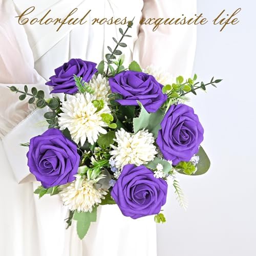 BLEUM CADE 16Pcs Artificial Flowers Fake Foam Roses with Stems for Wedding
