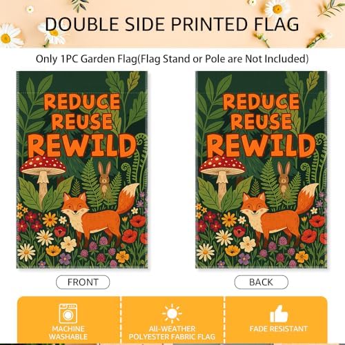 Reduce Reuse Rewild Garden Flags for Outside, Sustainable Garden Flag, Porch Banner for Nature Lovers, Eco-Friendly Yard Sign, Earth Day Front Porch Decor, Cut Fox with Forest Sign Yard Flag