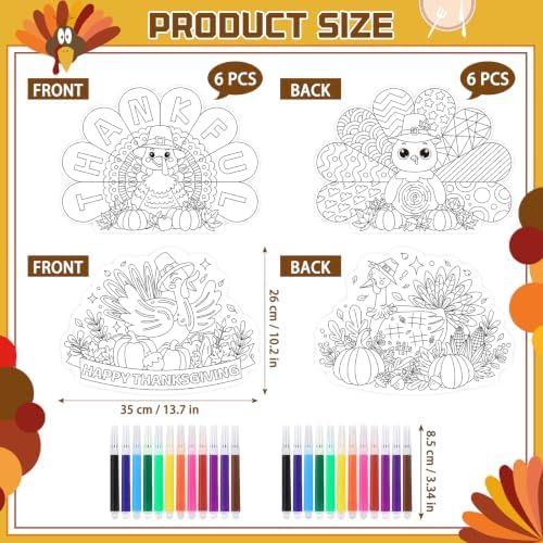 12 PCS Thanksgiving Coloring Placemats Turkey Thanksgiving Paper Placemats