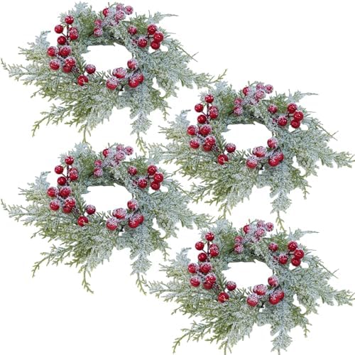 Winlyn 4 Pcs Artificial Snowy Cedar Candle Rings Red Berry Christmas Candle Holder Wreath Rings Mini Snowy Christmas Wreaths Faux Cedar Twigs Wreath 12.2” Wide for Winter Wedding Holiday Table Décor