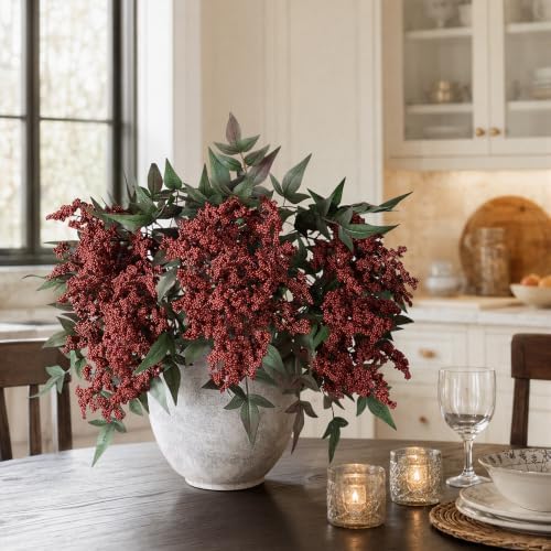Artificial Flowers 35 Inch Artificial Nandina Berry Stem 3 Pcs Faux Flowers for Vase Realistic Sedum Spray for DIY Bouquet, Shower, Farmhouse, Mantel, Home Decor(Burgundy)