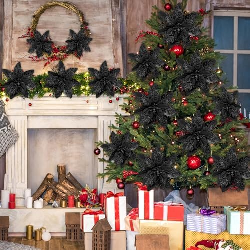 Childom 15 PCS Black Artificial Poinsettia Flowers with Clips,Christmas Decorations Glitter Poinsettia Christmas Ornaments Xmas Tree Flower with Stems DIY Xmas Wreath Home Holiday Party Supplies