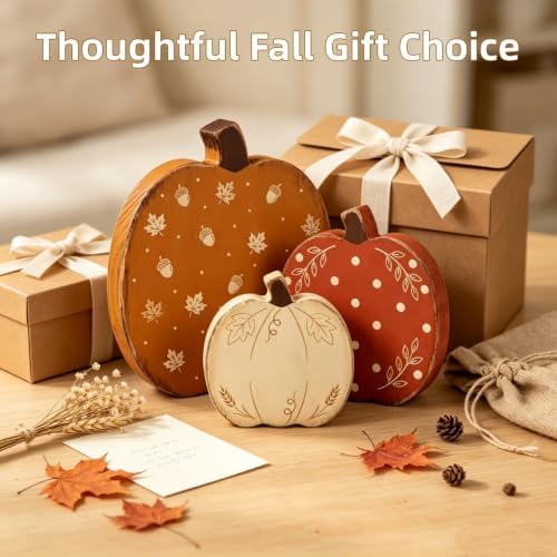 Fall Decorations Set of 3 Wooden Pumpkins - Farmhouse Rustic Autumn Harvest Thanksgiving Tiered Tray Decor for Table Mantel Shelf Indoor Home Decor