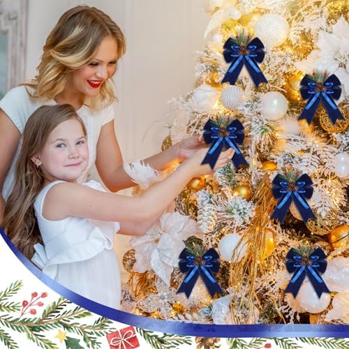 Syhood 6 Pcs Christmas Bows Xmas Velvet Bows Tree Decor, Blue