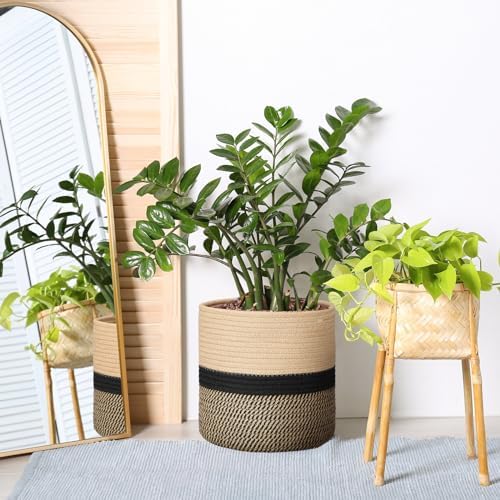 Plant Basket with Stand,10 Inch,Black and Beige Stripes