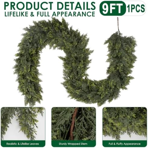 Hananona 9 FT Christmas Garland, Real Touch Cedar Garlands, 1 Pcs