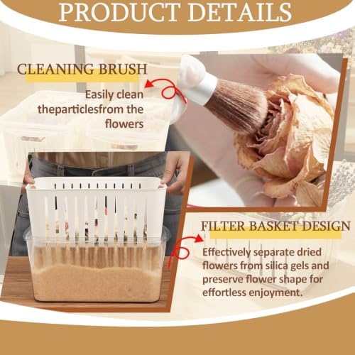 QUKLOGEN Silica Gel Flower Drying Container with Calendar Airtight Container Filterable Basket,One Step Retrieve Dried Flowers,Reusable Flower Preservation Kit(Silica Gel Crystals Not Included)
