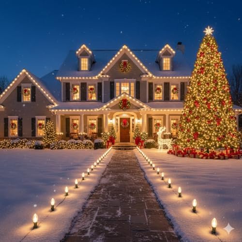 C9 LED Christmas Pathway Lights, 38FT Outdoor Warm White Pathway Markers Lights with 25 Stakes, Connectable Waterproof Outside Christmas Decorations for Xmas Party Decor Patio Yard Lawn, Garden