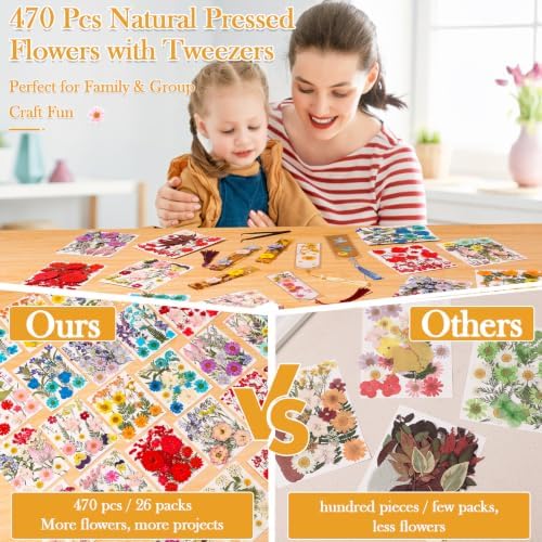 470 PCS Pressed Flowers for Crafts, Real Natural Dry Flowers with Tweezers Dried Pressed Flowers Dry Leaves Bulk for Resin, Scrapbook, Jewelry, Card, Candle & Soap Making