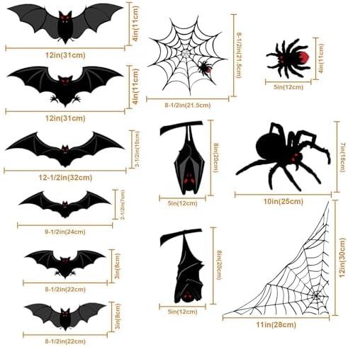 Halloween Decorations Window Clings Decor, Large Scary Silhouette Bats Spider Kids School Home Office Accessories Party Supplies Gifts, 6 Sheet 59pcs