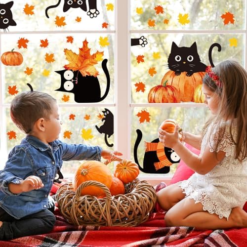 Whaline 6 Sheets Fall Window Clings Cute Black Cat Pumpkin Maple Leaf Reusable Window Decals for Autumn Harvest Thanksgiving Party Supplies Home Classroom Office Decor