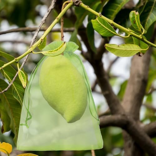 100 Pcs Fruit Protection Bags, 8 x 12 Inch Green Netting Cover Bags with Drawstring, Pest Barrier for Trees, Garden Cover Mesh Bags for Plant Fruit, Flower and Vegetables