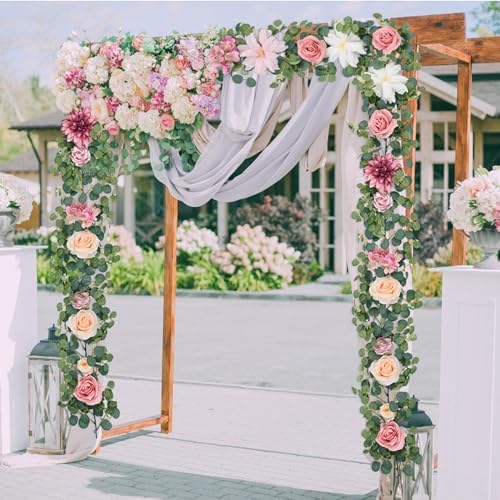 Waipfaru 8.85Ft Flower Garland, Eucalyptus Greenery Garland with Flowers, Pink Rose Floral Vines for Wedding Reception Table Mantle Room Spring Summer Decor (Pink) (Pack of 3)