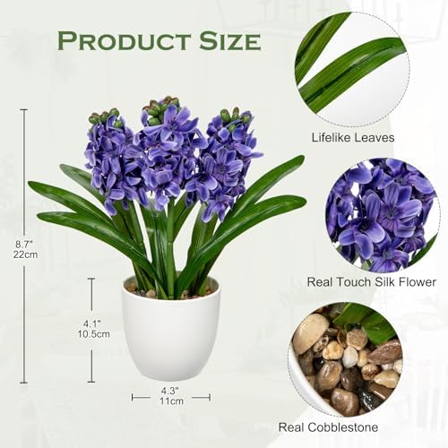 Purple Flowers Artificial Hyacinthus Silk Fake Flowers Arrangement 8.7" Realistic Faux Flowers with Vase Pot Artificial Flowers for Home Kitchen Bathroom Office Table Centerpiece Wedding Decoration