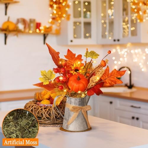 [Light & Timer] Fall Decor Table Centerpiece Rustic Metal Milk Jug with Artificial Orange Maple Tree Pumpkin Sunflower Wheat, Fall Floral Arrangement Decoration for Home Kitchen Autumn Thanksgiving