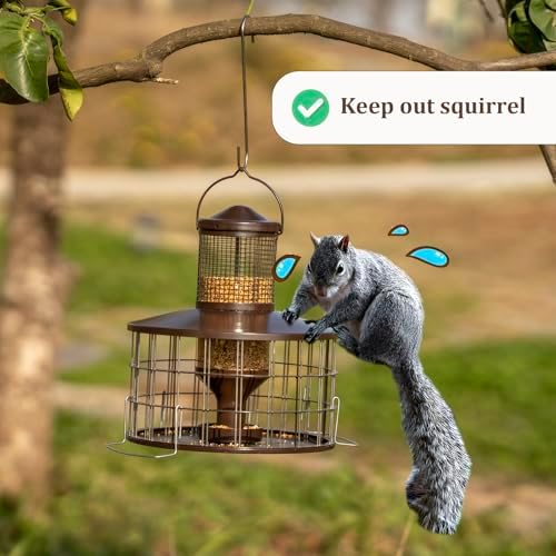Upgraded Squirrel Proof Bird Feeders, 3Lbs Capacity Caged Bird Feeder, Innovative DIY Starling-Proof, Flexible Adjustment of Grille Size, Caged Seed Tube Feeders Outside Hanging(Copper)