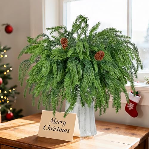 4PCS Christmas Norfolk Pine Branches with 2 Pine Cone Stems