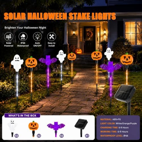 6 Pack Halloween Solar Yard Lights, Pumpkin Ghost Bat Outdoor Stakes