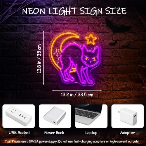 Mystic Cat & Moon Halloween Neon Sign, Dimmable Neon Signs for Wall Decor