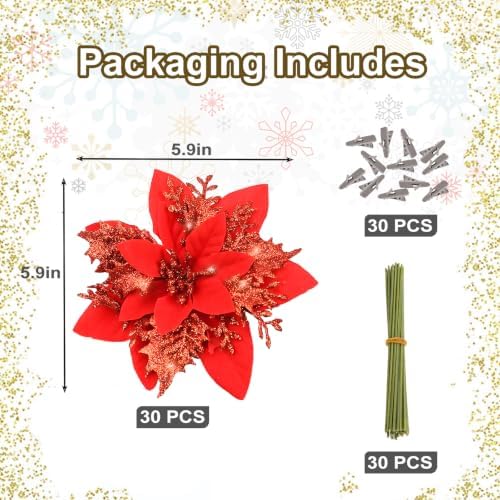 Cliselda 30Pcs 5.9" Red Poinsettias Artificial Christmas Flowers with Clips