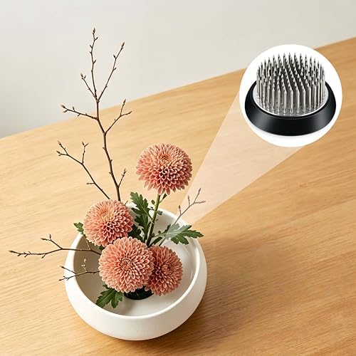 Ikebana vase kit Ceramic Flower Frog Set Kenzan Flower Shallow Bowl Flower Arrangement Kit Zen Decor for Home Office (White Small)