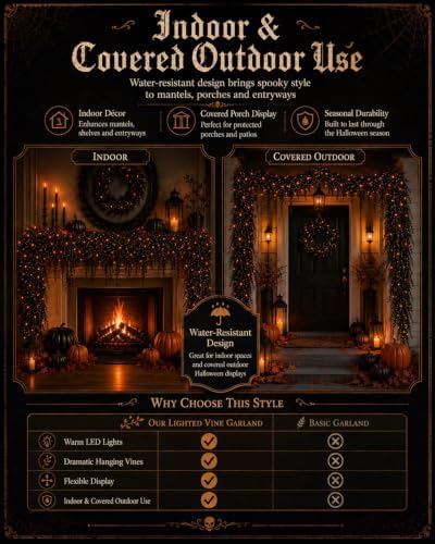 Halloween Garland with Lights, Creepy Black Vine Garland for Mantel Decor