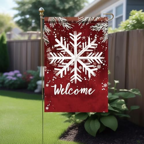 Winter Garden Flag White Snowflake Red Background Welcome Flag 12x18 Inch Double Sided Outdoor Yard Banner for Snowy Season Holiday Christmas Porch Decoration Decor