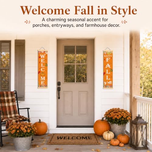 Welcome Fall Door Banner Set of 2, Pumpkin Harvest Porch Decor for Home
